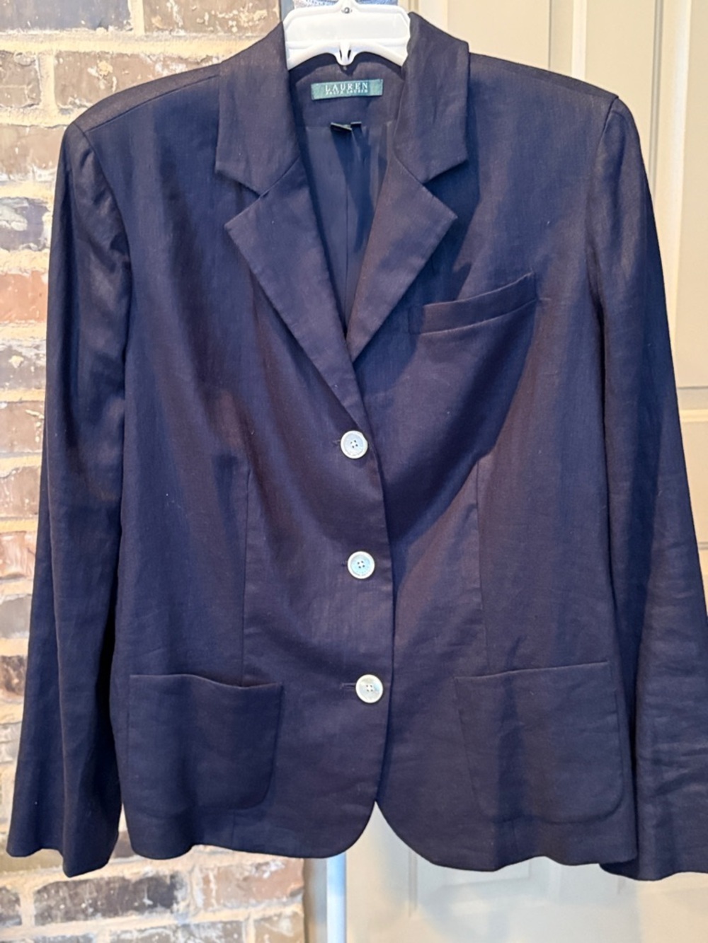 Ralph Lauren Navy Blue Linen Blazer Single Breasted Preppy Timeless Classic